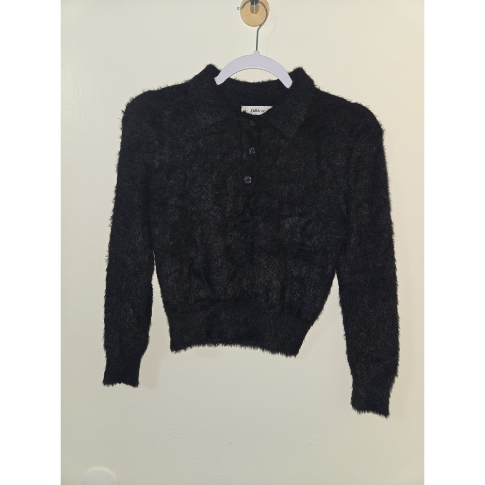 Zara Knit Fuzzy Black Polo Sweater Long Sleeve‎ Button Front Cropped Top Small